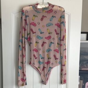 Sheer Long-Sleeve Pink Western Boot Print One-Piece